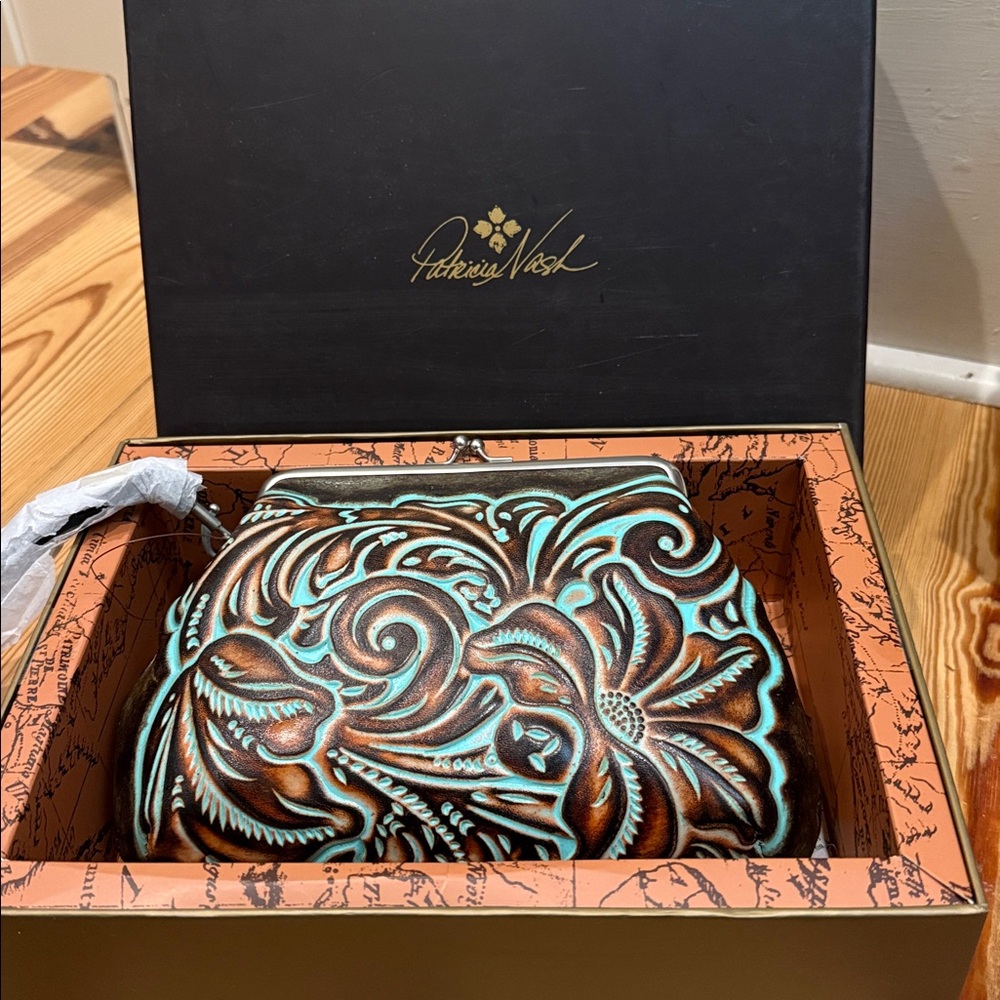 Patricia Nash Tooled Floral Leather Clutch - Turquoise & Brown